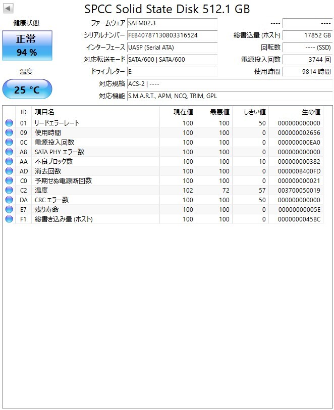 中古 SSD SATA 2.5インチ 480GB　7ｍｍ　中古　SATA ノートパソコン用 エラーなし　SPCC 正常 エラーなし (500GB 512GB) _画像2