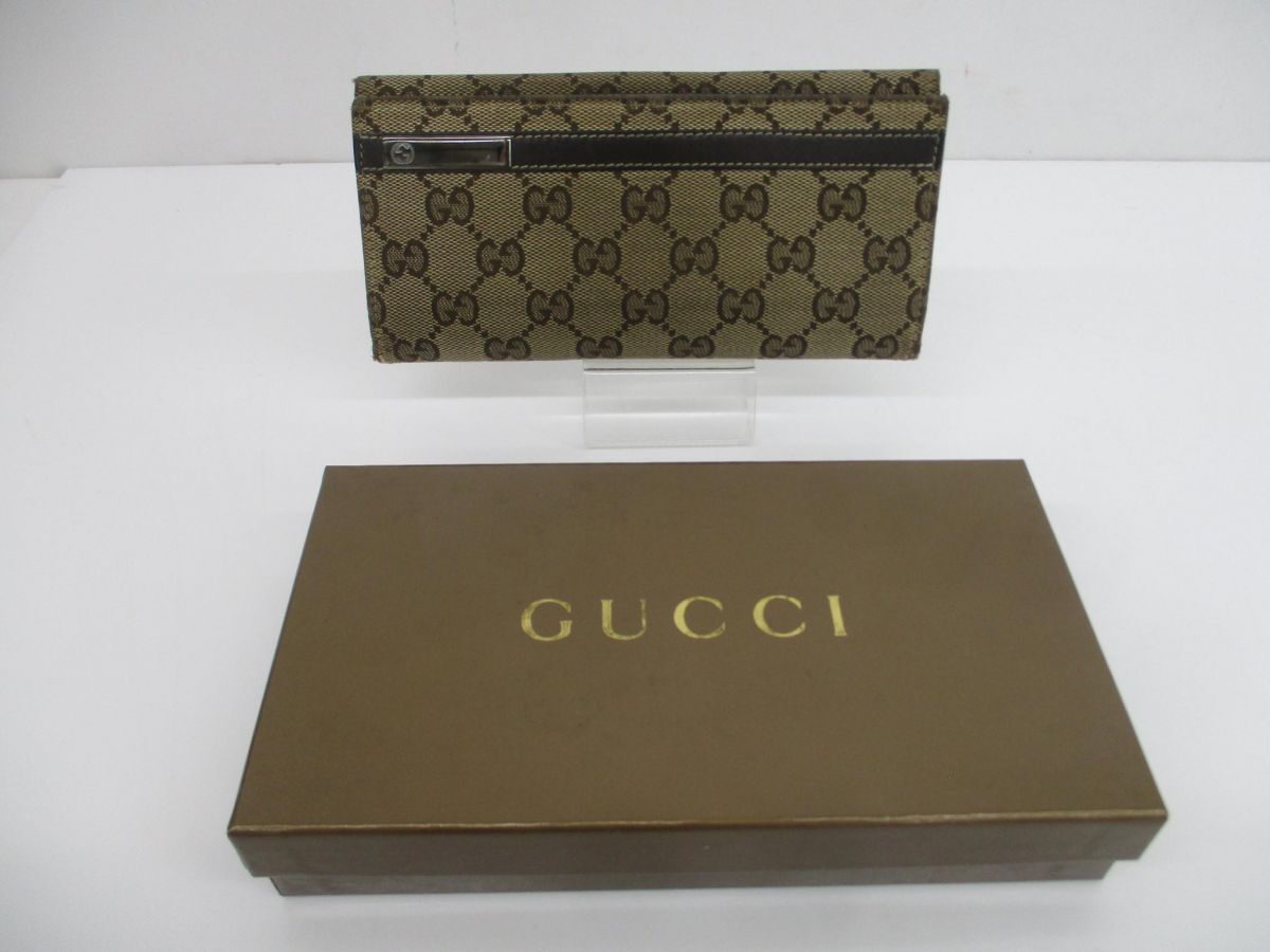 グッチ GUCCI 二つ折り長財布 GGキャンバス×レザー 233112 ベージュ ブラウン レディース_画像1