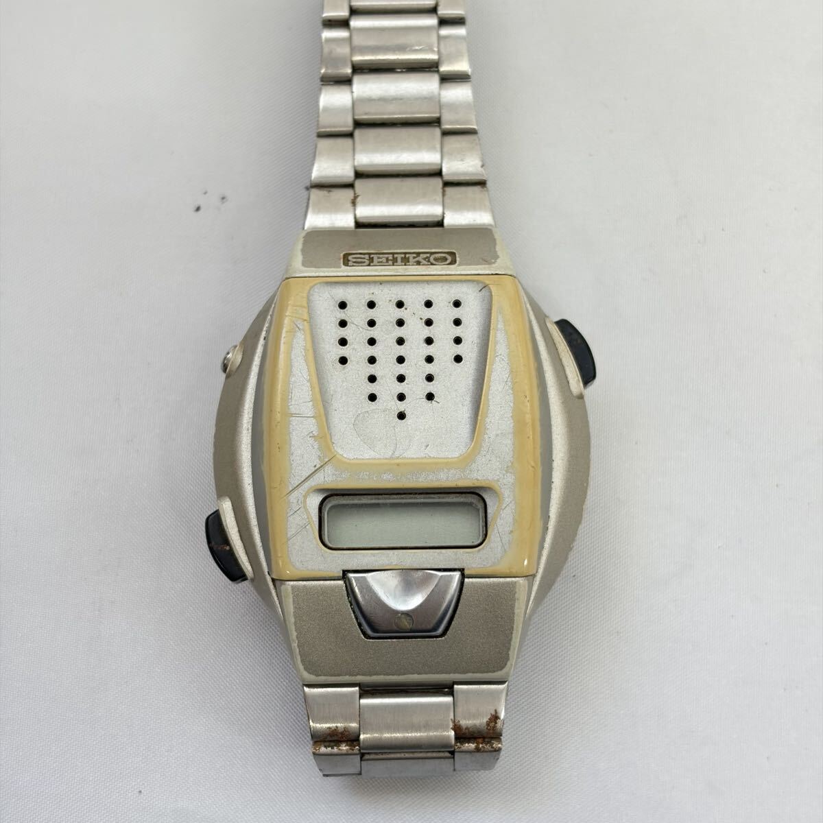 【1121M39】SEIKO セイコー 音声デジタルウオッチ A860-4001 トーキングウォッチ デイリーアラーム クオーツ 音声報知機能 シルバー 不動品_画像2