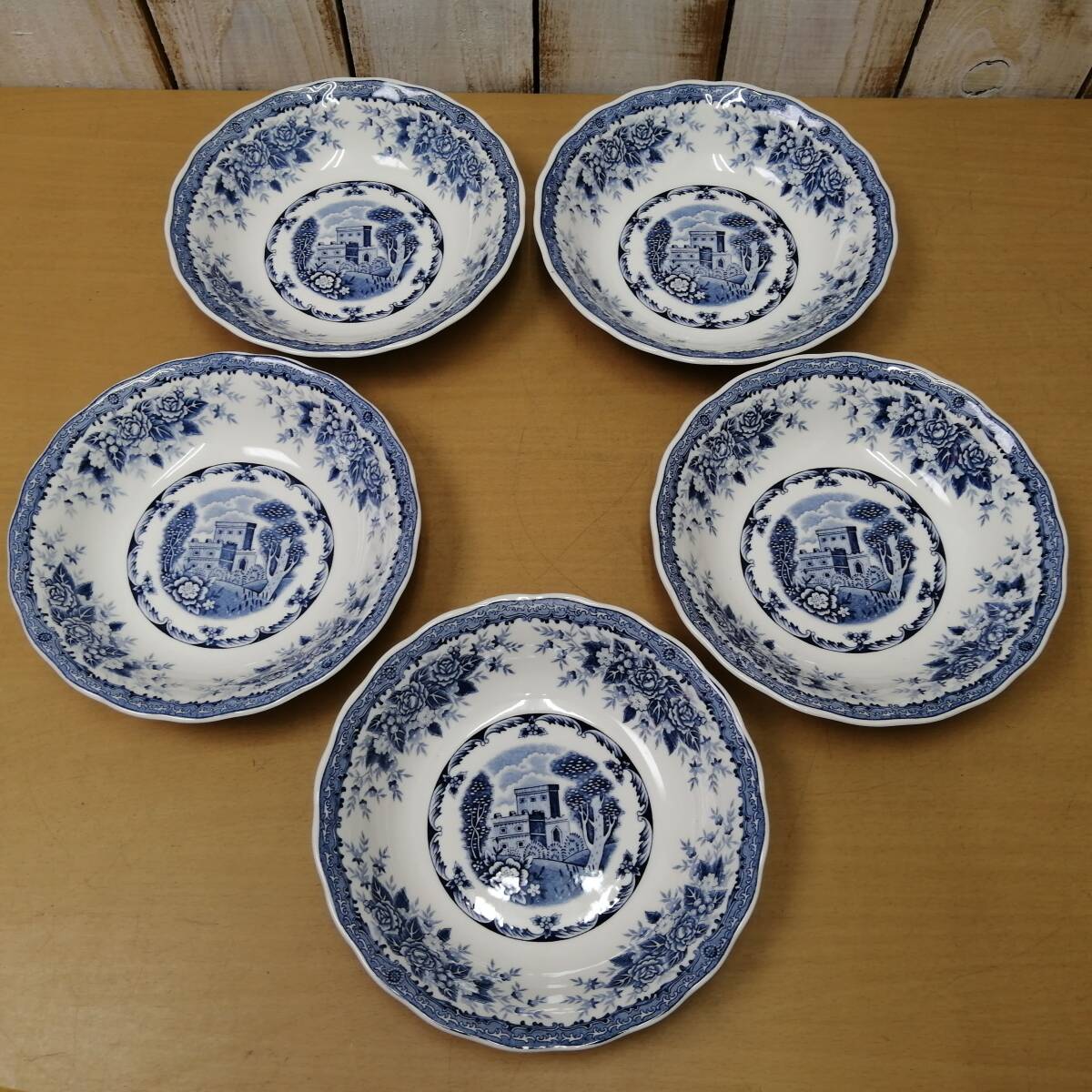 〇25112106　NIKKO DOUBLE PHENIX クープ皿 5枚セット ニッコー ダブルフェニックス ウィローパターン 直径約19cm レトロ＆アンティーク_画像1