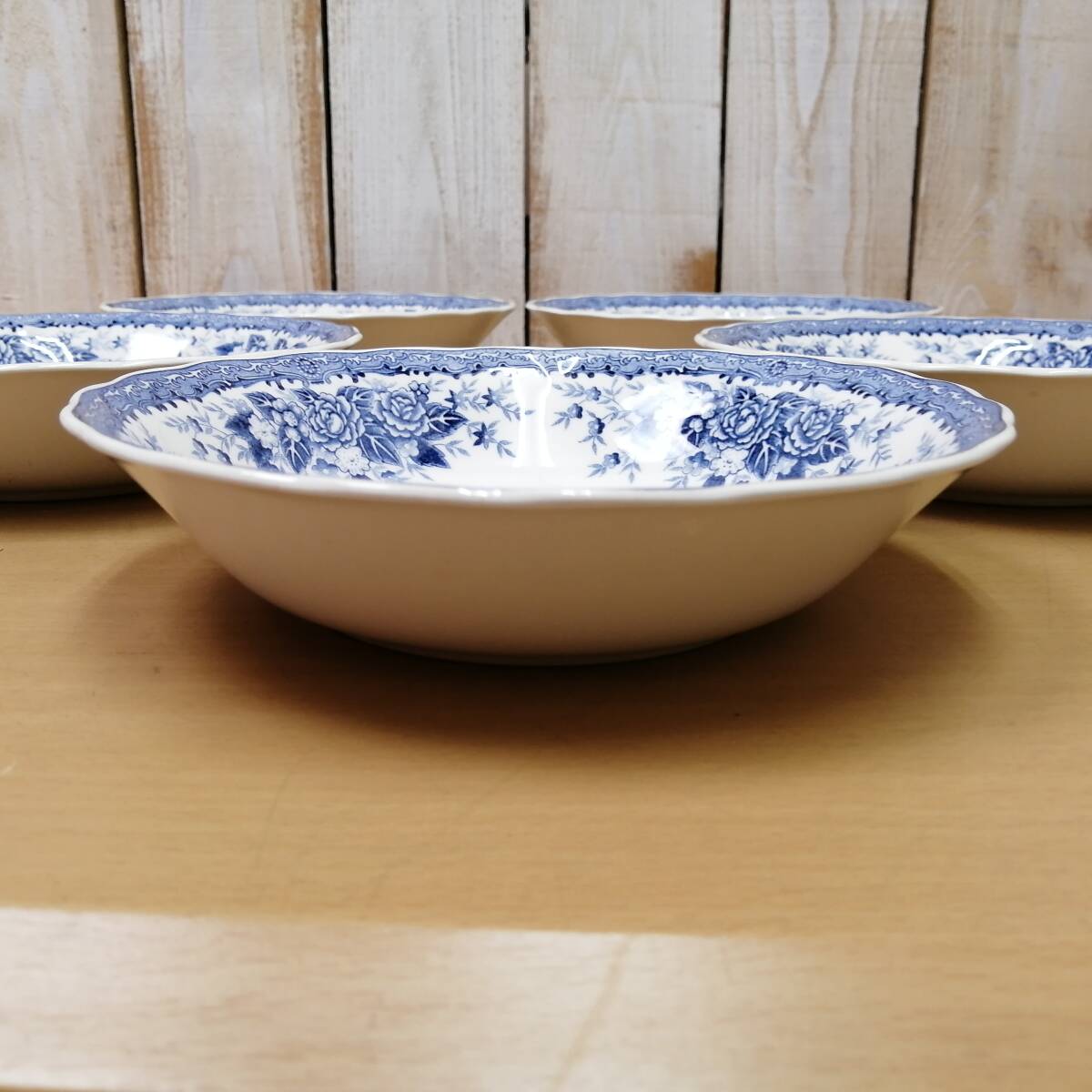 〇25112106　NIKKO DOUBLE PHENIX クープ皿 5枚セット ニッコー ダブルフェニックス ウィローパターン 直径約19cm レトロ＆アンティーク_画像3