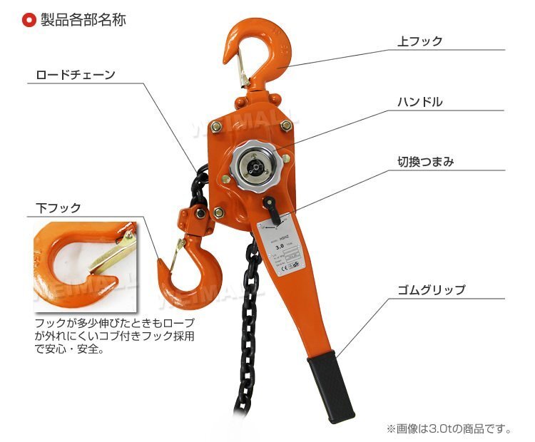 レバーホイスト 3t 3000kg 手動ホイスト レバーブロック 吊り上げ 荷締め機 ガッチャ チェーン ブロック CE TUV認証 玉掛け 新品 未使用_画像6
