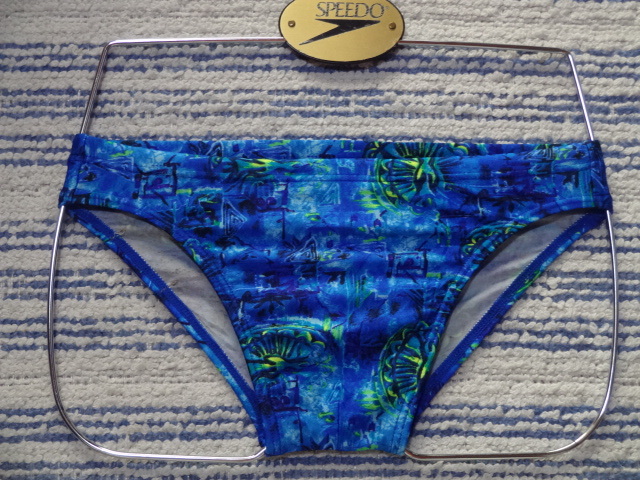 440 日本ニット ツルツルサラサラ素材のスイムビキニパンツ SizeM ブルー×イエロー×グリーン×ブラックの柄デザイン 中古_画像1