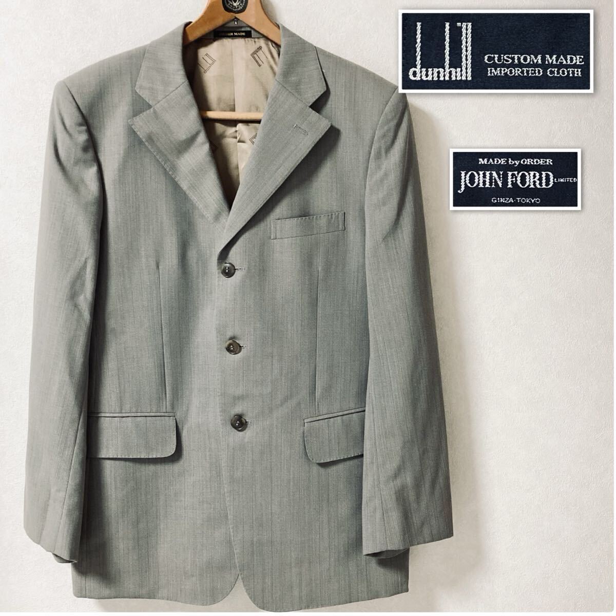 ■美品■dunhill ダンヒル シングルテーラードジャケット 日本製 ピンストライプ グレー 背抜き 春夏 ウール100% サイズM相当_画像1
