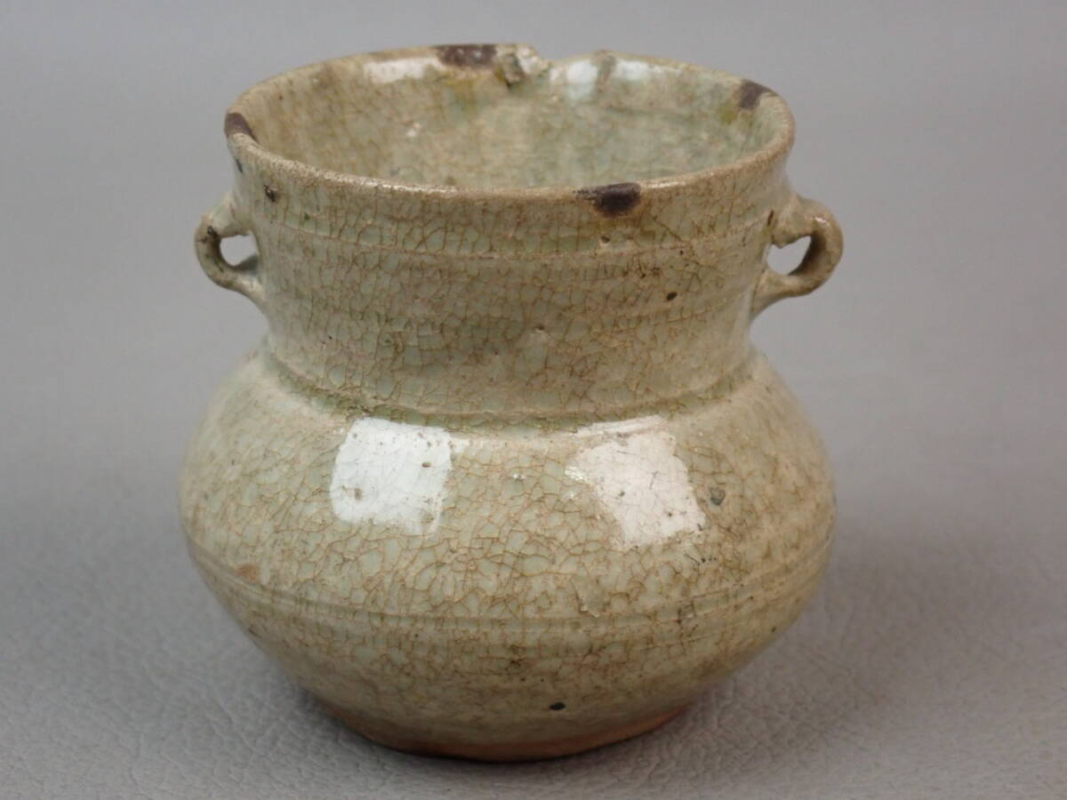 【骨董・茶道具】★李朝?越州窯?★★双耳小壷 gq061sgl 酒器 朝鮮美術 中国古玩 花道 華道_画像2