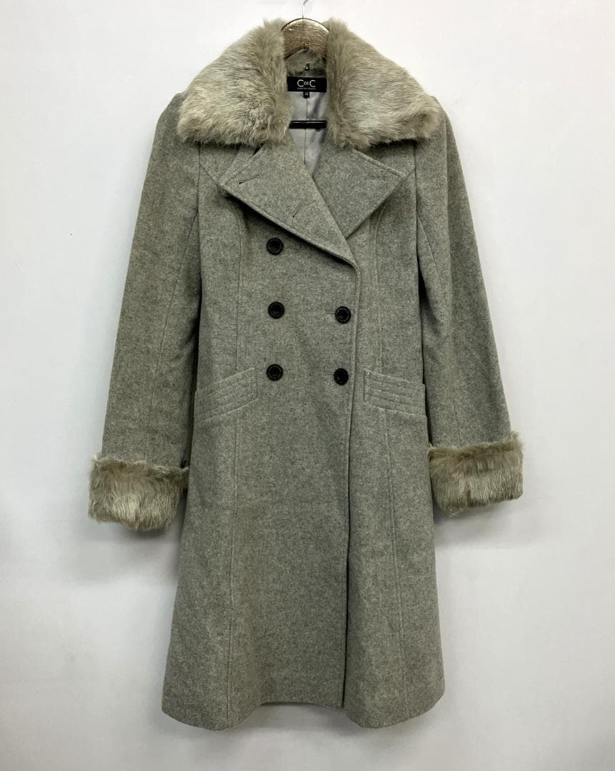 ★ COUP DE CHANCE ウールコート カシミヤ混 毛皮 クードシャンス Aライン ラビットファー アウター レディース M相当［R1_MYB］_画像2