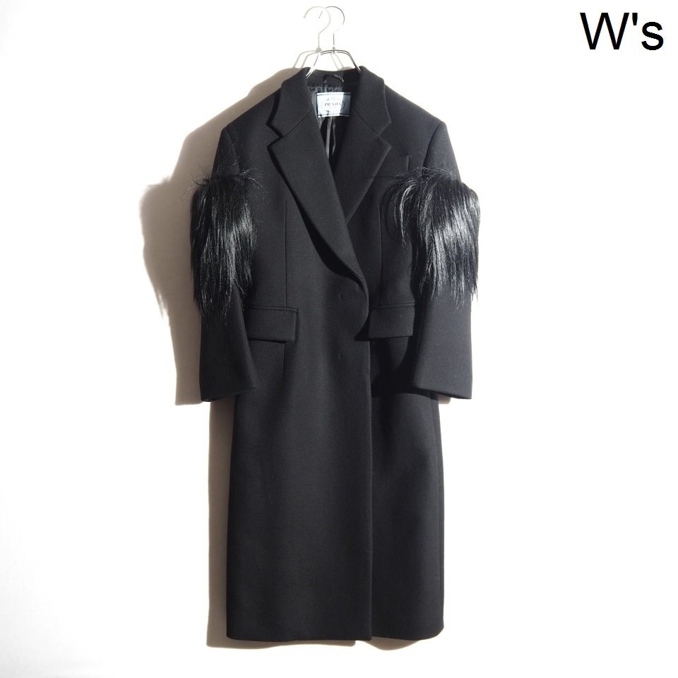 R3585P VPRADA Prada V 22AW с мехом melt n шерсть Пальто Честерфилд черный 40S /. коза мех шерстяное пальто чёрный осень-зима mks