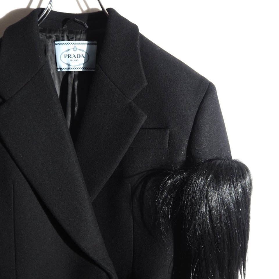 R3585P VPRADA Prada V 22AW с мехом melt n шерсть Пальто Честерфилд черный 40S /. коза мех шерстяное пальто чёрный осень-зима mks