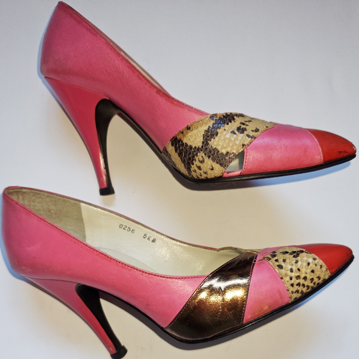 ミッシーマドラスmissy madras☆スネークスキンプリント/ピンクレザー/本革パンプス/ハイヒール☆サイズ5☆昭和レトロ/当時物_画像1