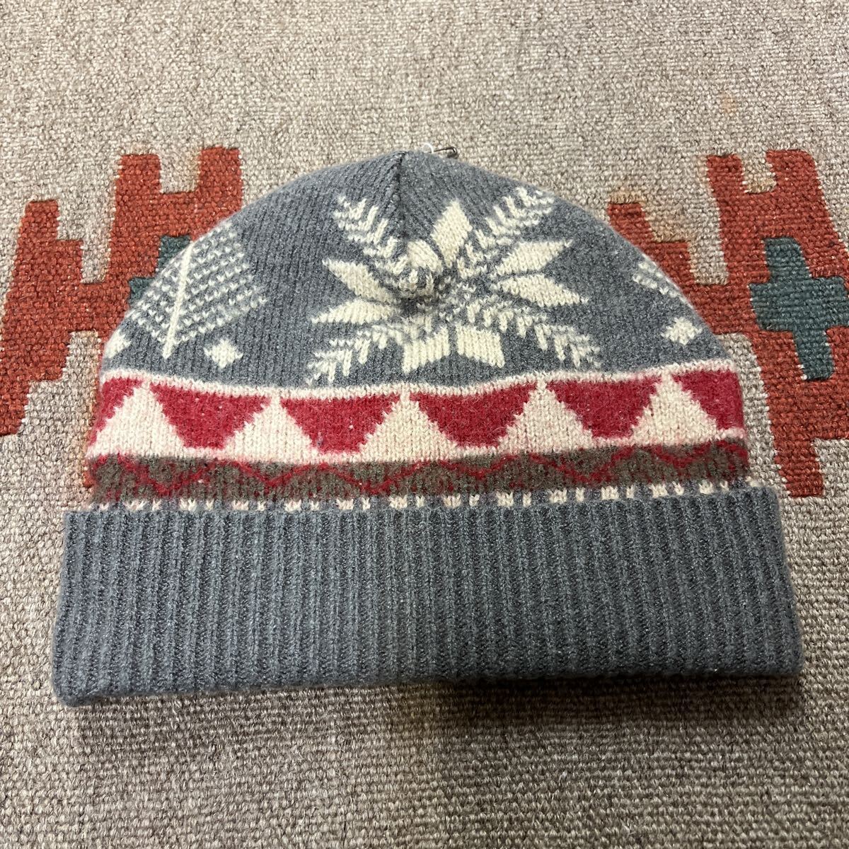 NIGEL CABOURN ナイジェルケーボン ウール ニットキャップ ビーニー ニット帽 グレー 総柄 _画像2