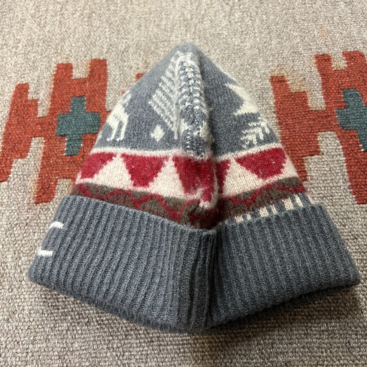 NIGEL CABOURN ナイジェルケーボン ウール ニットキャップ ビーニー ニット帽 グレー 総柄 _画像4