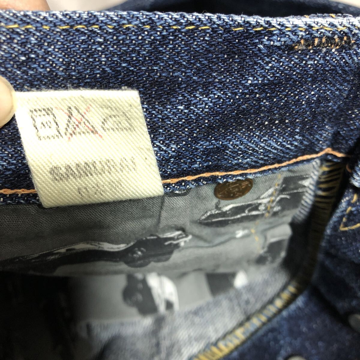 (k) サムライジーンズ 自転車倶楽部 SAMURAI デニムパンツ ボタンフライ 耳付き w78 ブルー _画像8