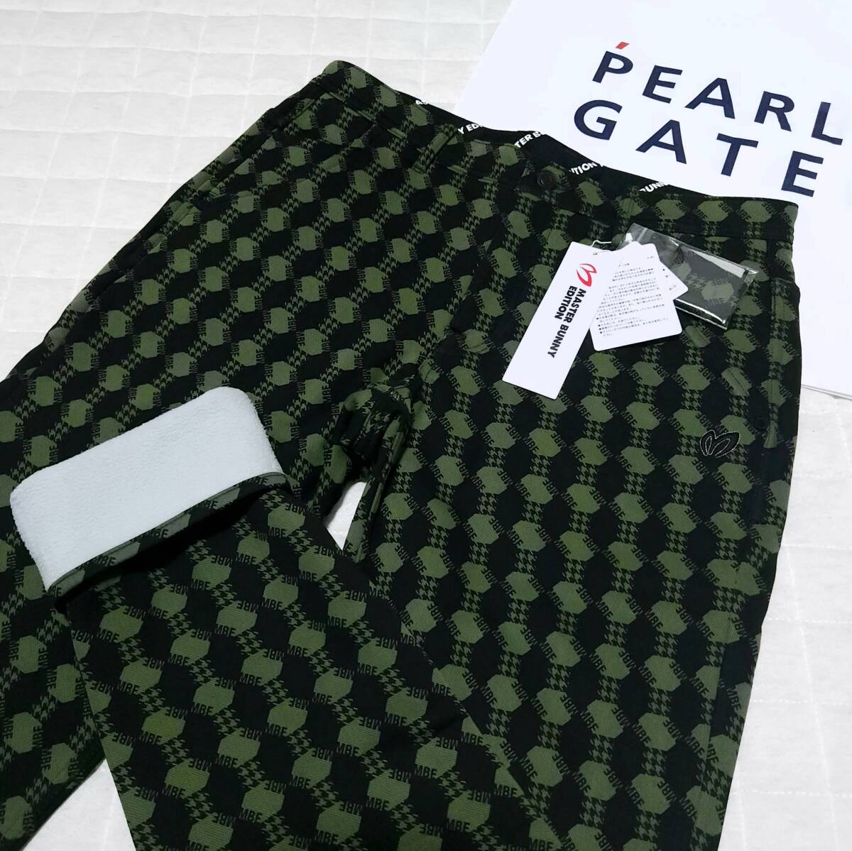 正規品　新品　PEARLY GATES　パーリーゲイツ　マスターバニー　メンズ　裏起毛5ポケットパンツ　モノグラム柄　防寒　カーキ　size4(M)_画像1