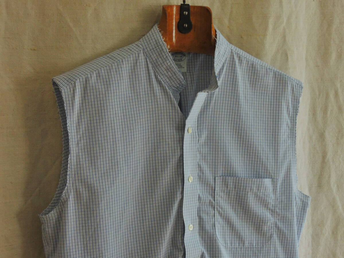 BROOKS BROTHERS ブルックスブラザーズ 青ピンチェック ノースリーブBDシャツ 15 1/2 パンクス グランジスタイル リメイクシャツ 古着_画像2