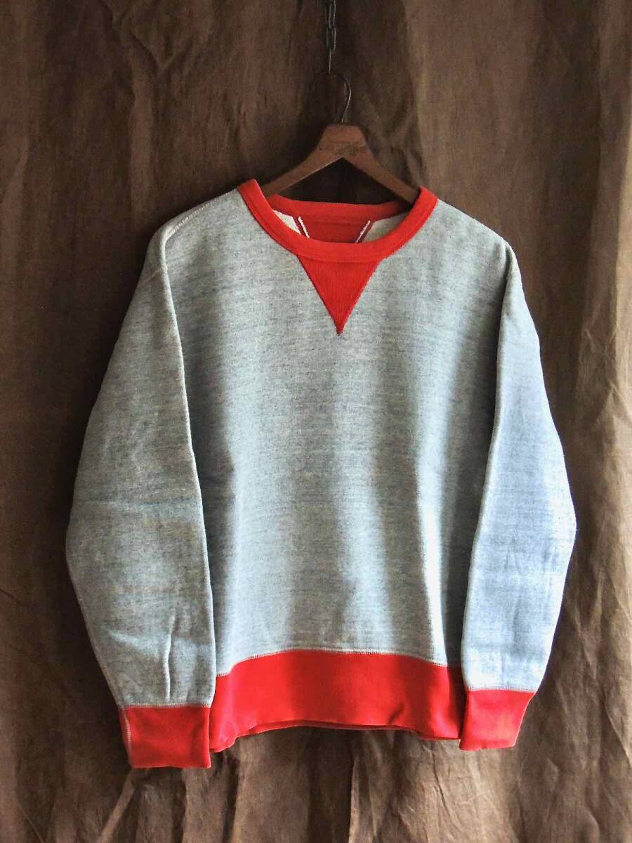 UNKNOWN 50sスタイル 4本針 赤×杢グレー 両Vツートン スウェットシャツ 長リブ 裏起毛 丸胴編み 吊り編みスエット アメカジ古着トレーナー_画像1