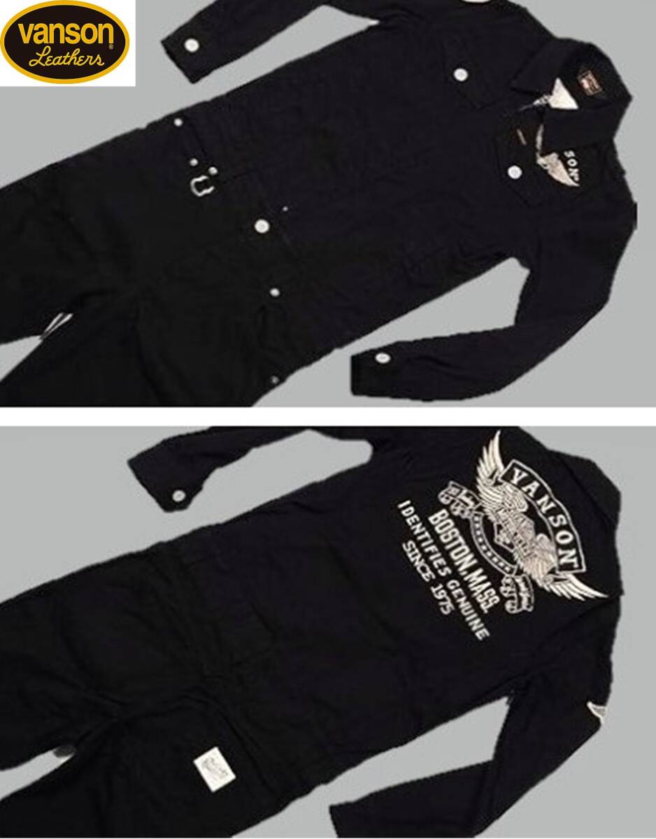 訳アリ展示品(S)定価21,780円【VANSON フライングエンブレム 総刺繍 デニム オールインワン】JFV-601黒色 未使用 バイカーアメカジ668_画像3