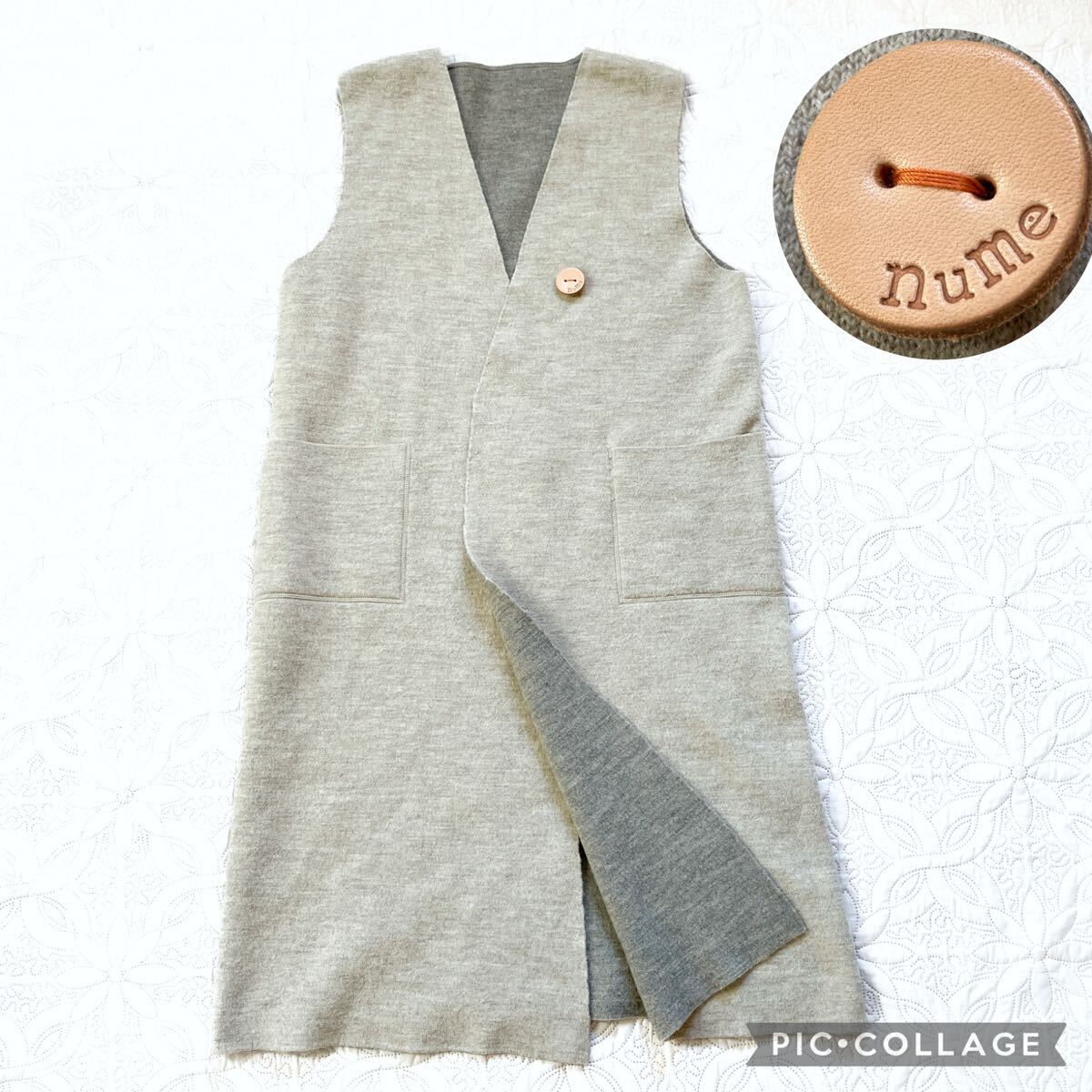 パラスパレス nume ヌメ ロングジレ ベスト グレー ブローチ付き ウール 前開き Vネック 毛 _画像1