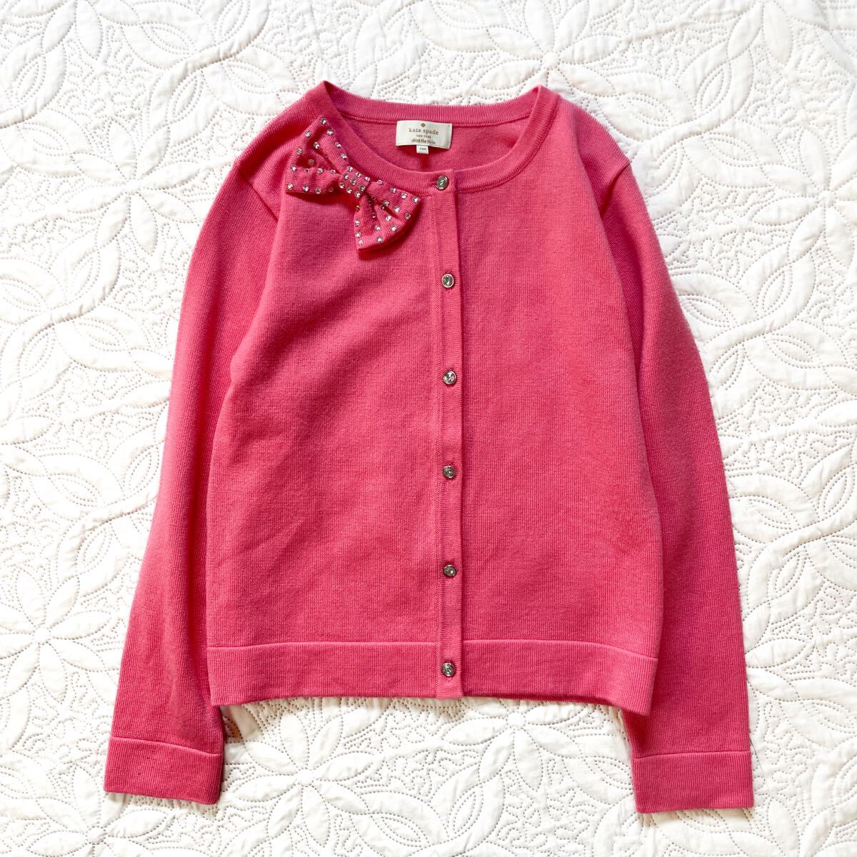 ケイトスペード カーディガン 150 ピンク リボン ビジュー 長袖 ウール混 ビジュー キッズ ガールズ 前開き_画像1