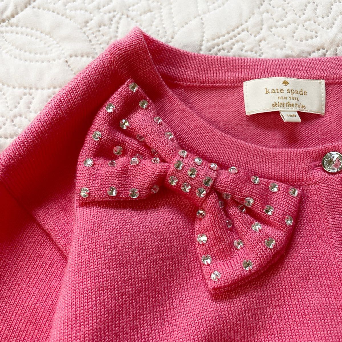 ケイトスペード カーディガン 150 ピンク リボン ビジュー 長袖 ウール混 ビジュー キッズ ガールズ 前開き_画像5