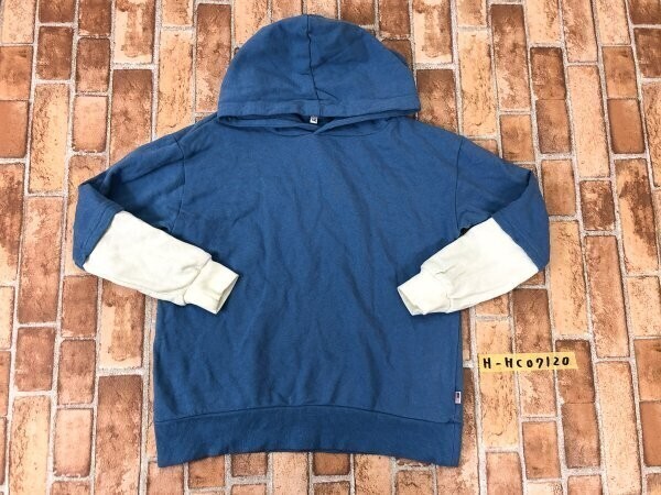 しまむら キッズ 重ね着風 フーディー パーカー 140 青白 綿_画像1