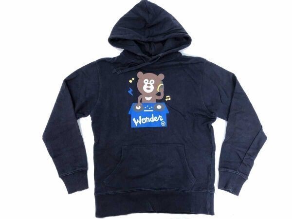 BEAMS T ビームスティー DJ ワンダーベアー WONDER BEAR くまプリント スウェット パーカー フーディー 綿100% S 紺_画像1