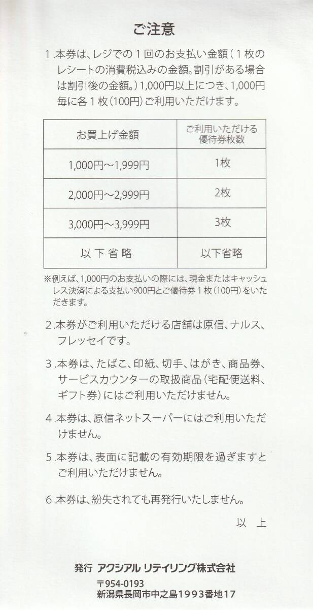 【送料無料】アクシアルリテイリング 株主優待券 2,000円分（100円券×20枚）　原信/ナルス/フレッセイで利用可能　有効期限:2026/1/31_画像4