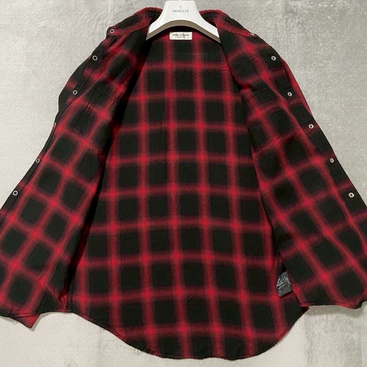 Mサイズ★SAINT LAURENT PARIS サンローランパリ 長袖 ウエスタンシャツ ネルシャツ オンブレ チェック 総柄 トップス 赤 レッド メンズ_画像4
