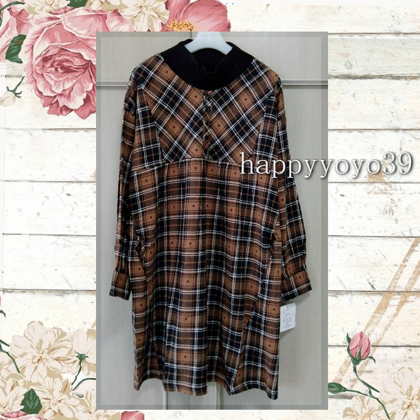 激安新品3L茶x黒チェック 長袖チュニック 重ね着風ワンピース薄手 大きいサイズ レイヤード ミセス 大きなサイズ ストレッチ ミセス_画像2
