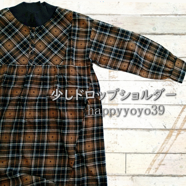 激安新品3L茶x黒チェック 長袖チュニック 重ね着風ワンピース薄手 大きいサイズ レイヤード ミセス 大きなサイズ ストレッチ ミセス_画像7