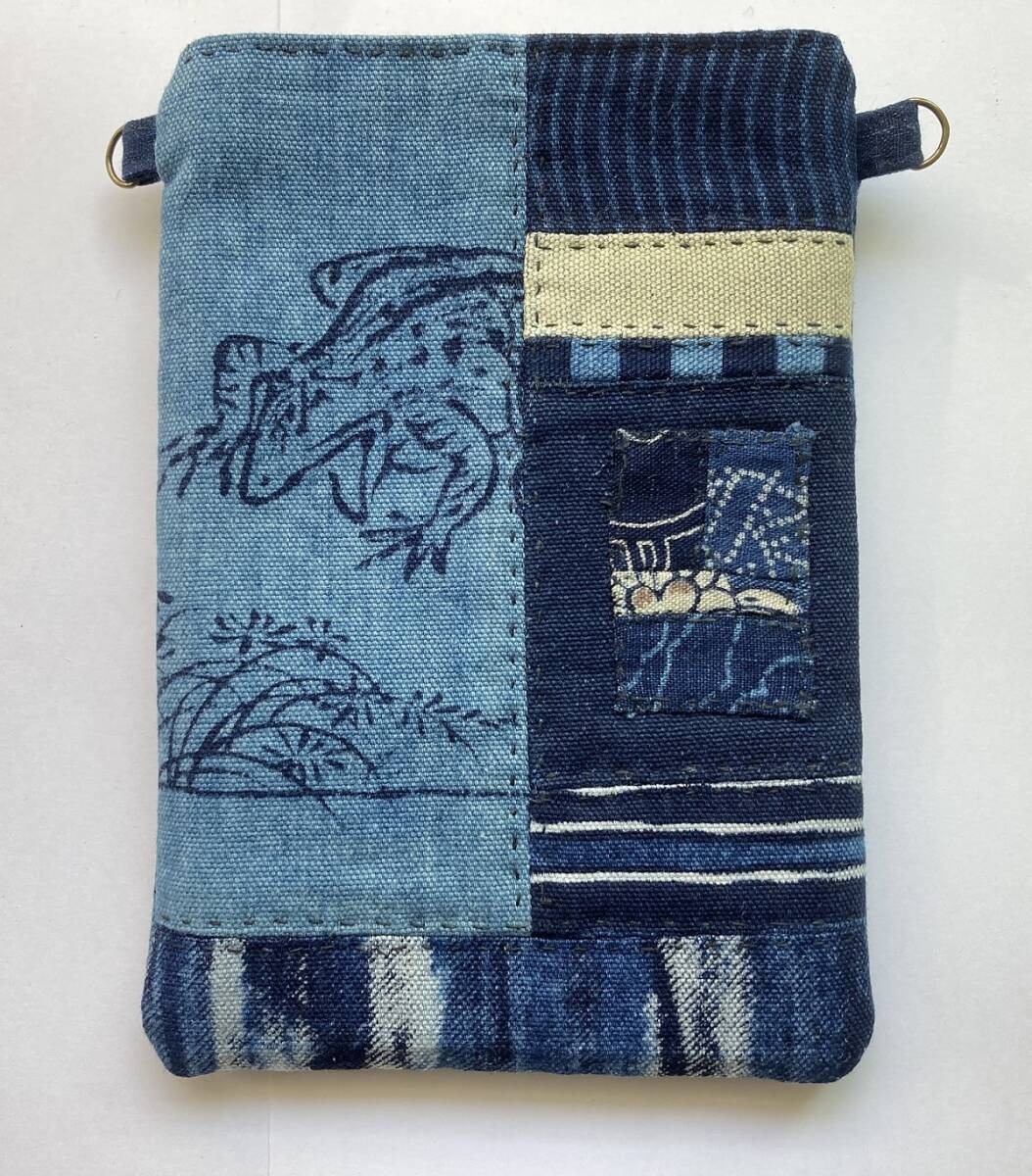 ★ハンドメイド　　藍染　　木綿　　スマホショルダー　　携帯ショルダー　　パッチワーク　　縞　波　鳥獣戯画　他　　ミニショルダー _画像5