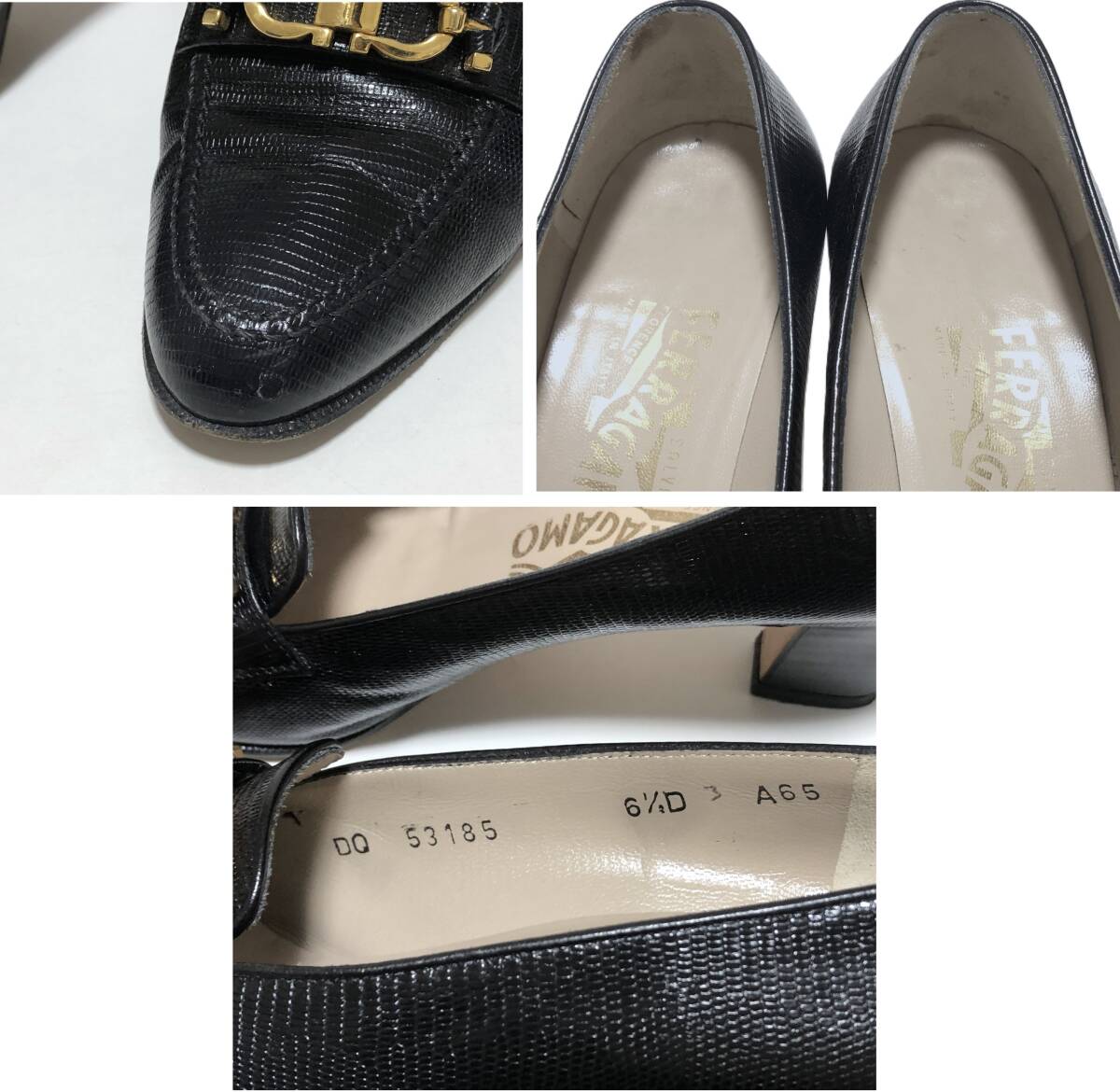 【良品】Salvatore Ferragamo フェラガモ ガンチーニ レザー パンプス リザード 型押し 黒 6 1/2 D 23.5cm_画像9