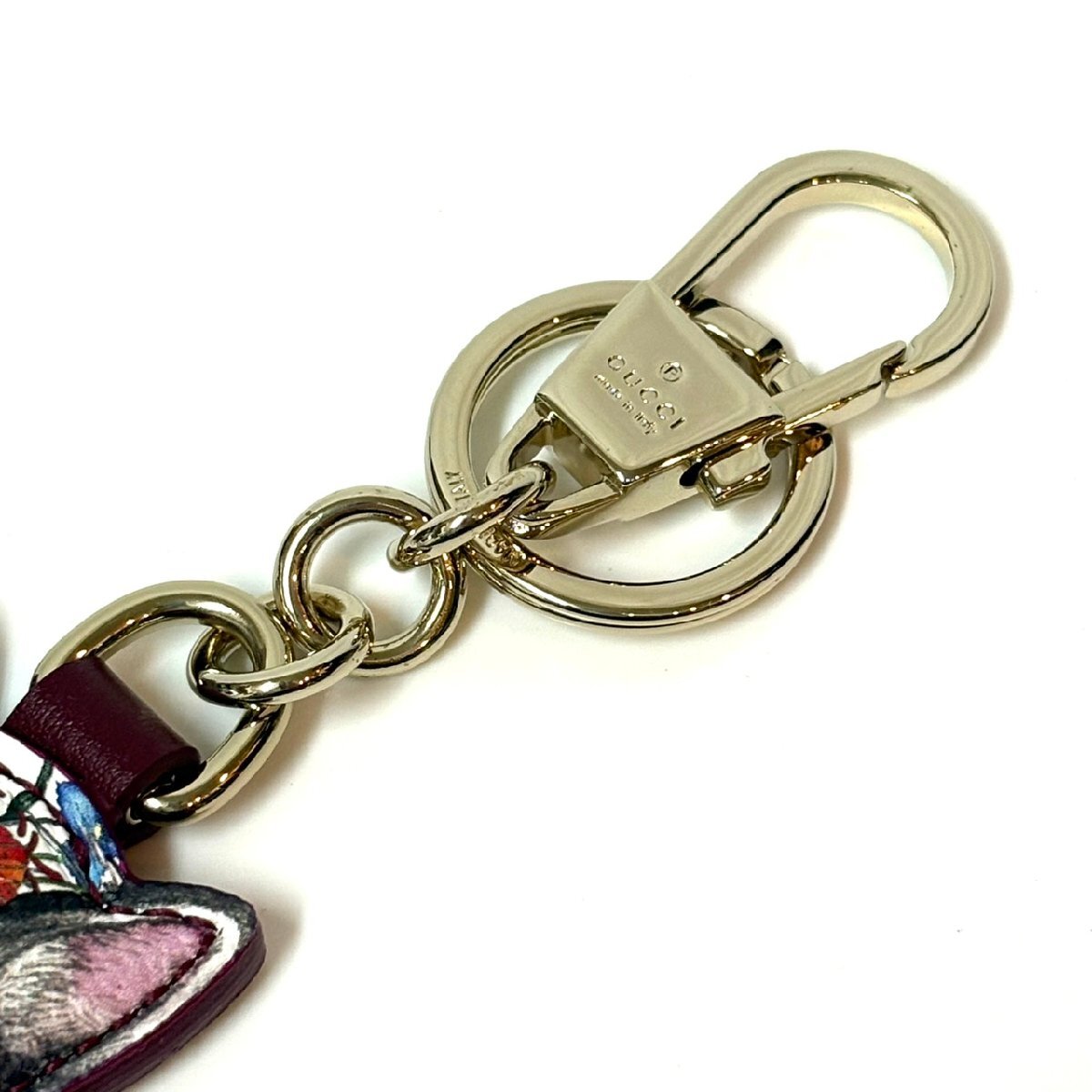 美品☆グッチGUCCI キーホルダー(チャーム) 猫チャーム レザー ベージュ×ダークブラウン×マルチ ボーちゃん/GG柄/ヒグチユウココラボ_画像5