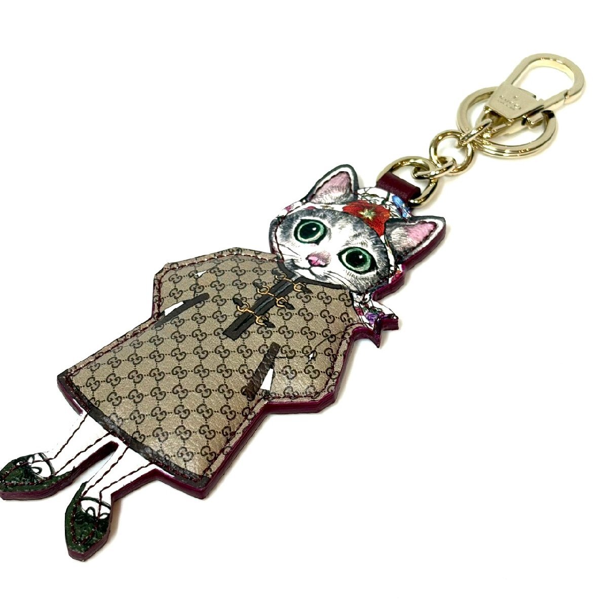 美品☆グッチGUCCI キーホルダー(チャーム) 猫チャーム レザー ベージュ×ダークブラウン×マルチ ボーちゃん/GG柄/ヒグチユウココラボ_画像2