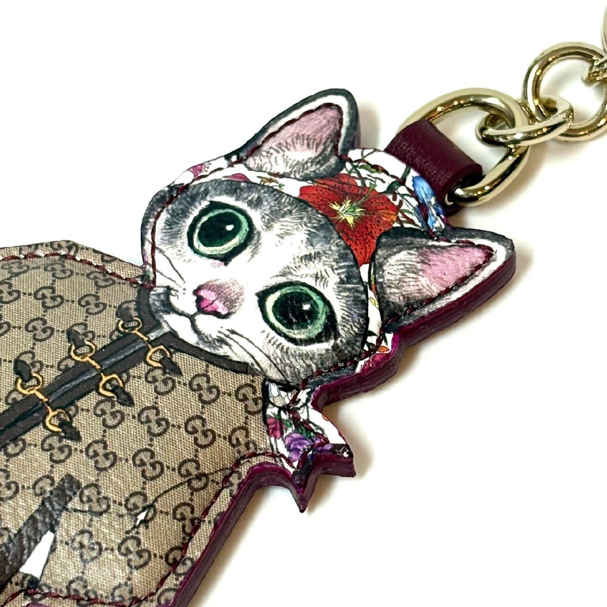 美品☆グッチGUCCI キーホルダー(チャーム) 猫チャーム レザー ベージュ×ダークブラウン×マルチ ボーちゃん/GG柄/ヒグチユウココラボ_画像3