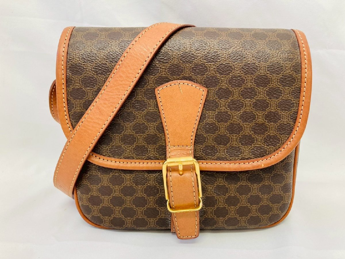 ★CELINE セリーヌ マカダム柄 ショルダーバッグ 斜め掛けバッグ ゴールド金具 ブラウン系★_画像1
