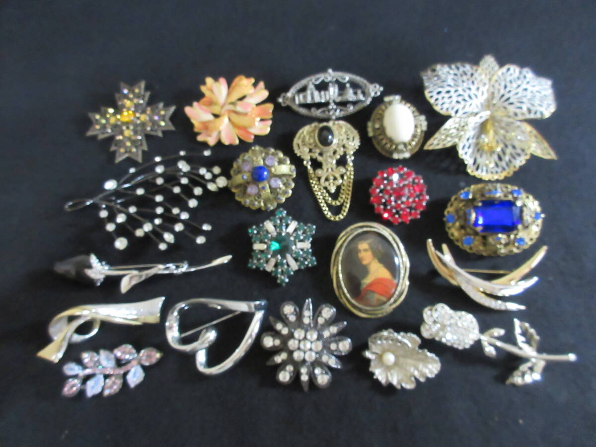 *100 иен ~[ много ] натуральный камень / цвет камень / жемчуг / стразы используя Gold × серебряный под старину дизайн различный брошь 20 позиций комплект *T-73