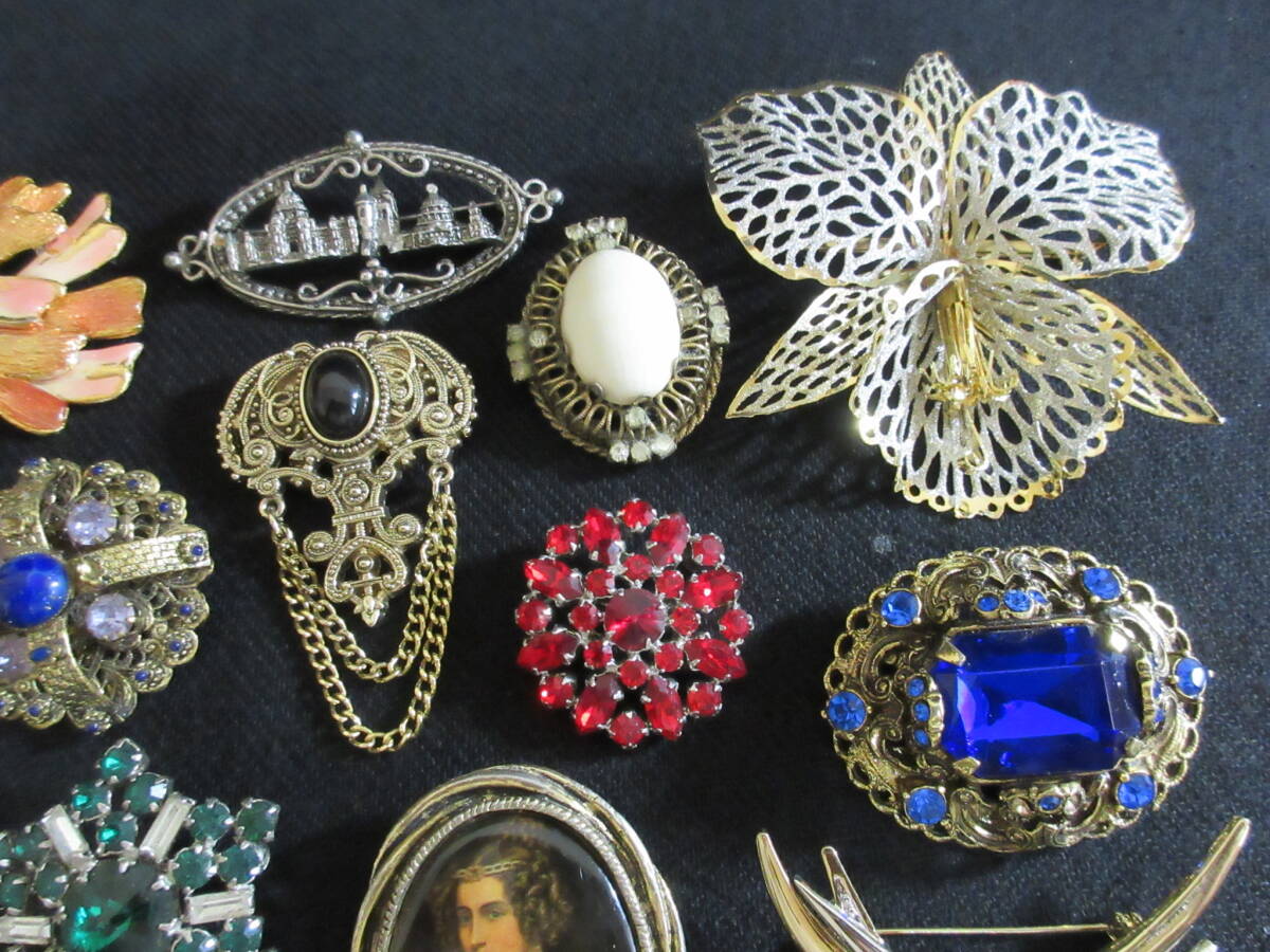 *100 иен ~[ много ] натуральный камень / цвет камень / жемчуг / стразы используя Gold × серебряный под старину дизайн различный брошь 20 позиций комплект *T-73