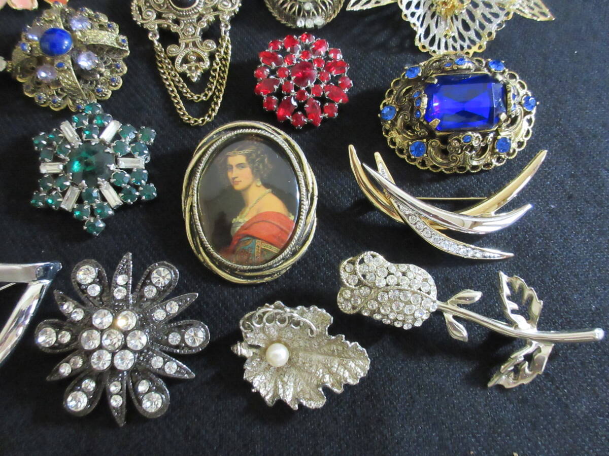 *100 иен ~[ много ] натуральный камень / цвет камень / жемчуг / стразы используя Gold × серебряный под старину дизайн различный брошь 20 позиций комплект *T-73