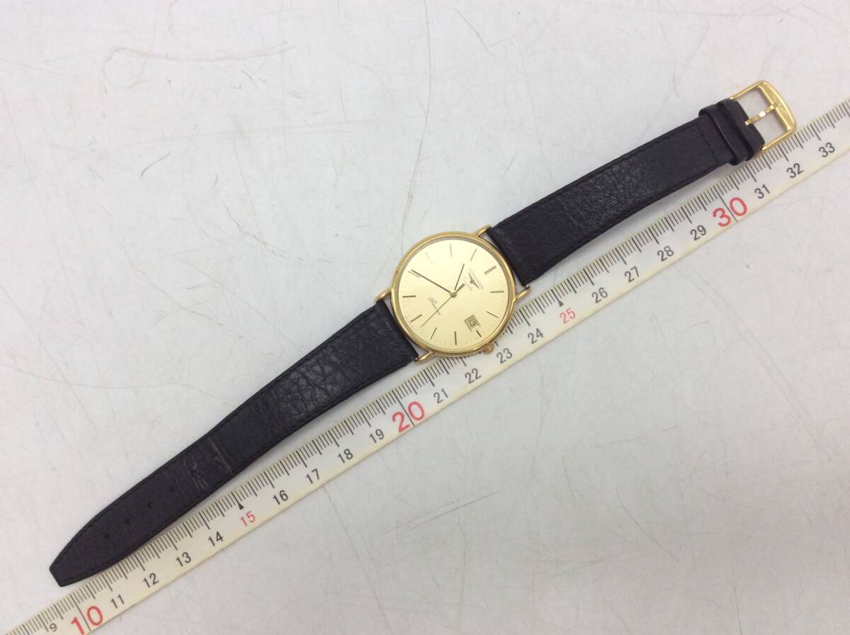 #8739 LONGONES ロンジン Presence クォーツ QZ 不動テスター〇 デイト ラウンド アナログ 3針 ゴールド/金色 長期個人保管品_画像1