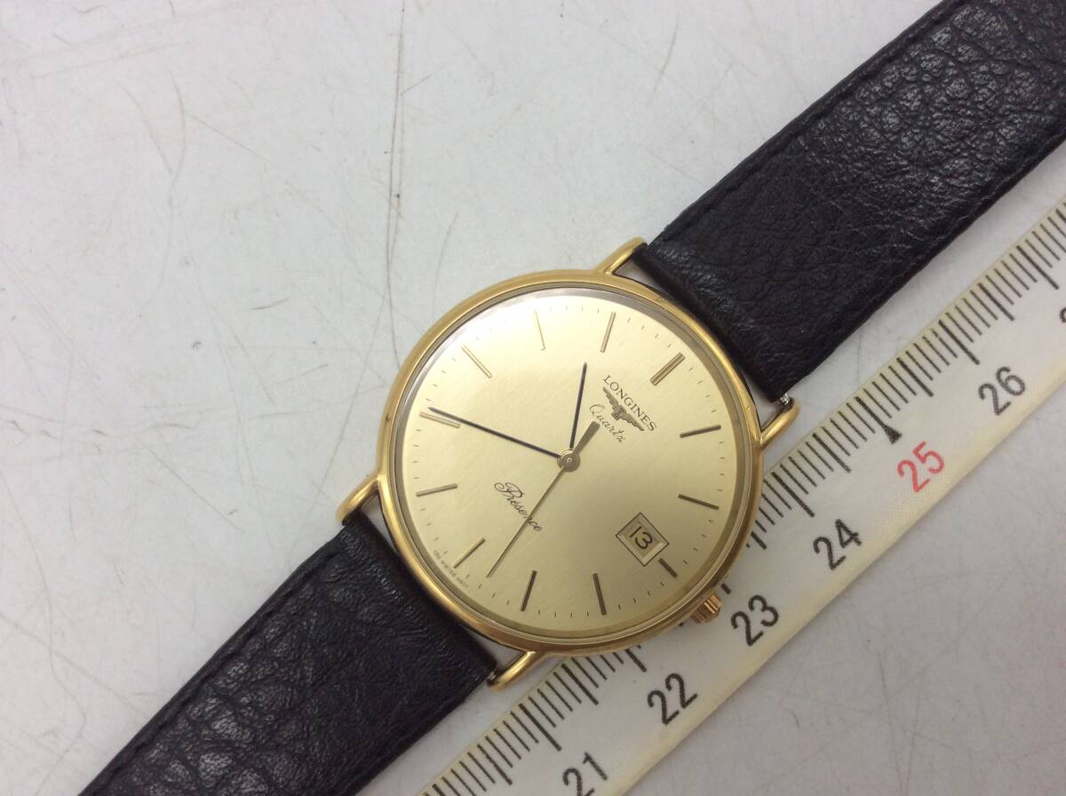 #8739 LONGONES ロンジン Presence クォーツ QZ 不動テスター〇 デイト ラウンド アナログ 3針 ゴールド/金色 長期個人保管品_画像3