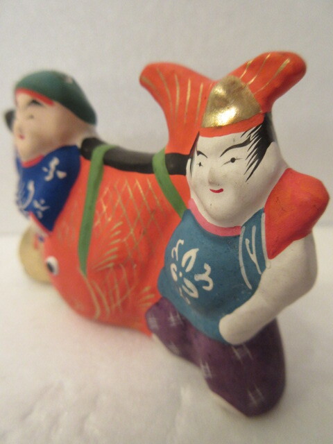 【壽】戦前 江戸趣味小玩具 堤土人形写し 鯛担ぎ二福神 吉田永光 東京都郷土玩具 民芸品 練物 _画像5