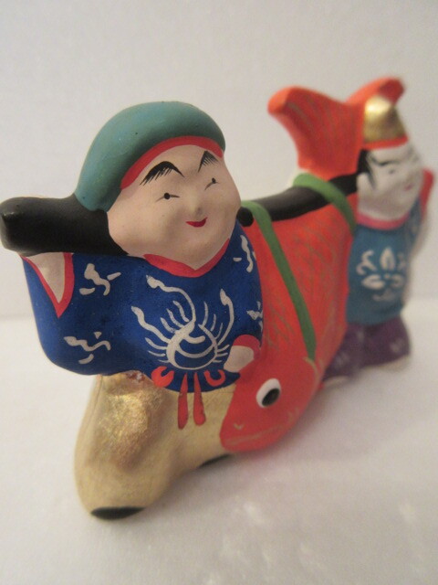 【壽】戦前 江戸趣味小玩具 堤土人形写し 鯛担ぎ二福神 吉田永光 東京都郷土玩具 民芸品 練物 _画像4