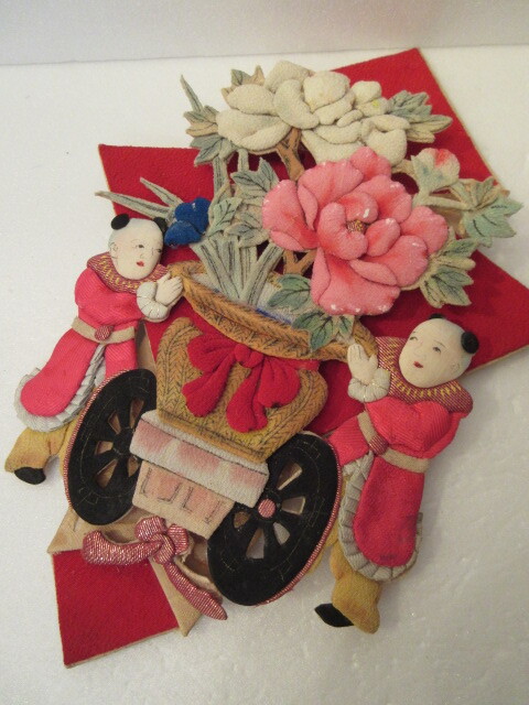 【壽】明治~大正 押絵熨斗 花籠車曳き唐子 お裁縫細工 郷土玩具 民芸品 祝い品 袱紗 花嫁暖簾 ちりめん細工_画像8