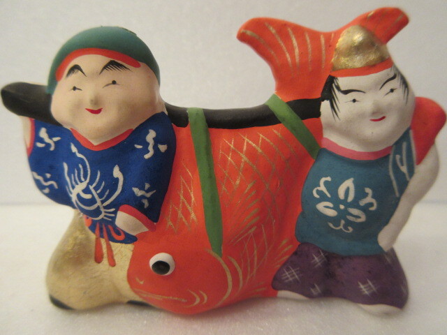 【壽】戦前 江戸趣味小玩具 堤土人形写し 鯛担ぎ二福神 吉田永光 東京都郷土玩具 民芸品 練物 _画像1