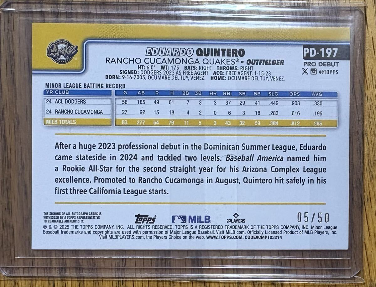 2025 Topps Pro Debut Baseball AUTO Eduardo Quintero 直筆サイン 50枚限定 有望株 RC ルーキー 全米34位 チーム内3位 MLB ドジャース傘下_画像2