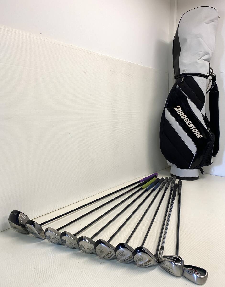 ★☆【1円~】え76 右利き用 ゴルフバッグ BRIDGESTONE 6口 クラブ 10点セット アイアン ドライバー フレックスR XXIO TOUR STAGE 他☆★_画像1