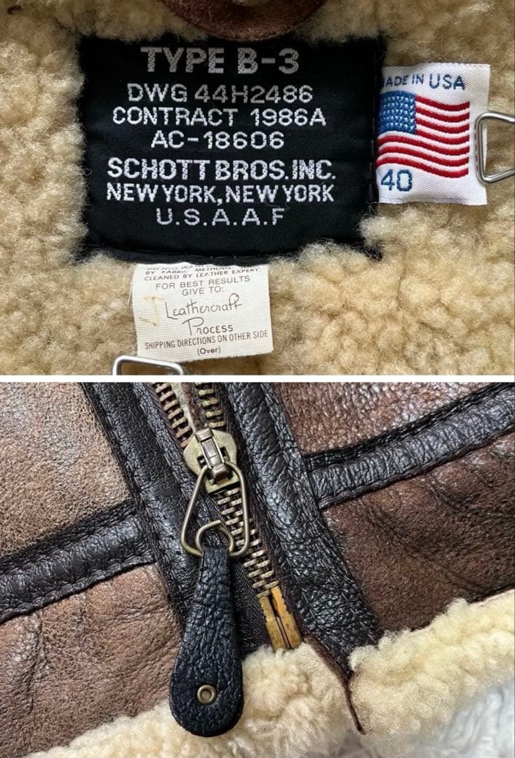 【米国製】希少なサイズ Schott ショット フライトジャケット B-3 ムートン 羊革 レザー 40 肉厚 ボア アウター USA ヴィンテージ_画像10
