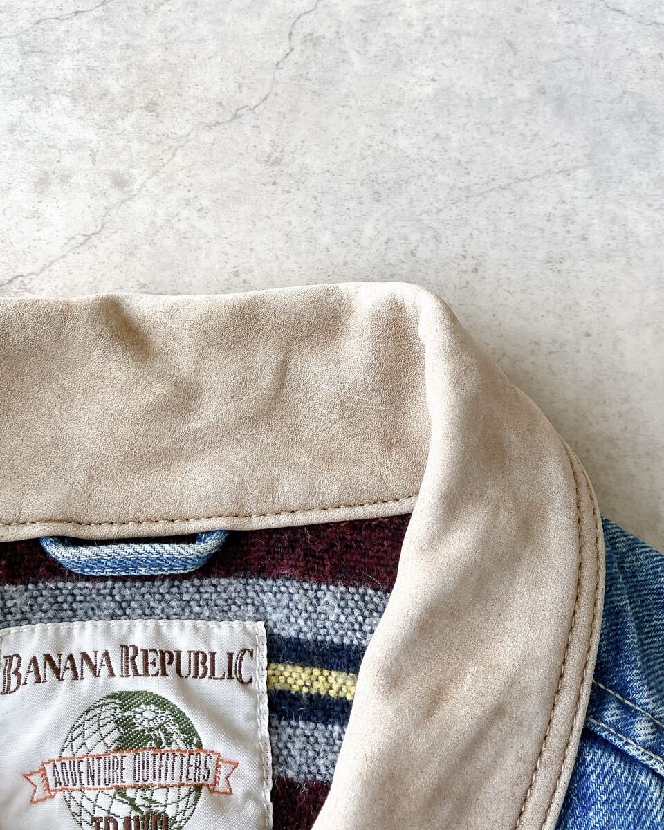 80s 90s Banana Republic TRAVEL ブランケットライナー デニムジャケット トラッカージャケット レザー襟 バナナリパブリック ヴィンテージ_画像10