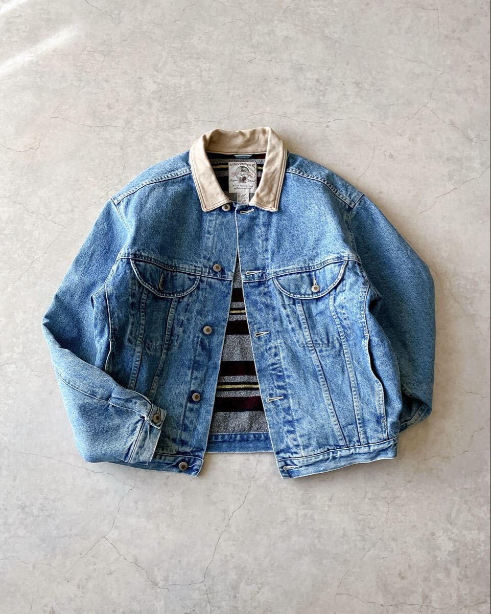 80s 90s Banana Republic TRAVEL ブランケットライナー デニムジャケット トラッカージャケット レザー襟 バナナリパブリック ヴィンテージ_画像1