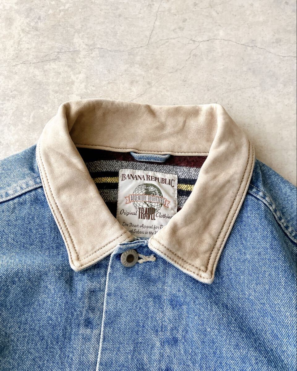 80s 90s Banana Republic TRAVEL ブランケットライナー デニムジャケット トラッカージャケット レザー襟 バナナリパブリック ヴィンテージ_画像4
